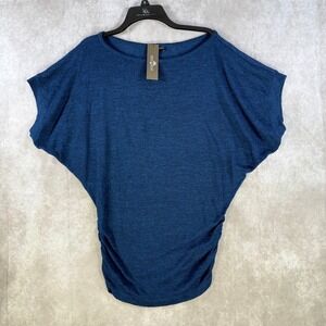 Nally & Millie Top Women OS Navy Blue Dolman Sleeve Ruched Side Boat Neck USA